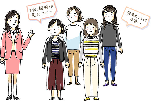 白川先生と女子大生たちのイラスト「まだ、結婚は 先だけど…」「 将来のことって 不安…」